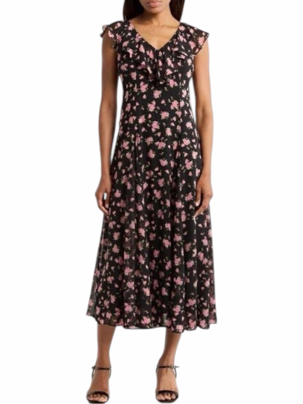 WAYF Black Pink Floral Ruffle Midi Dress XS NWT